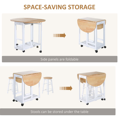 3 Piece Wooden Kitchen Cart Mobile Rolling Trolley Folding Bar Table Two Stools Dining Chair Storage Shelf w/2 Drawers & 6 Wheels