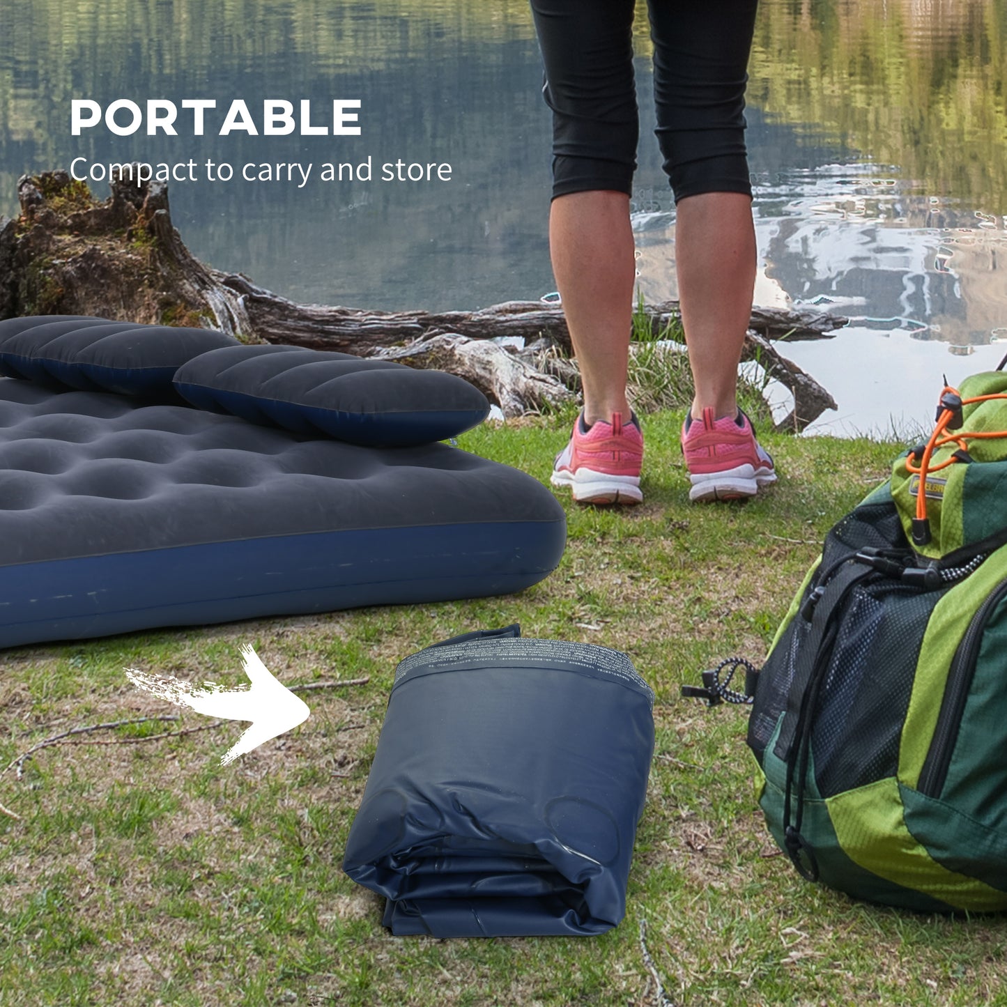 Outsunny Inflatable Queen Size Air Bed, with Built-In Hand Pump - Blue