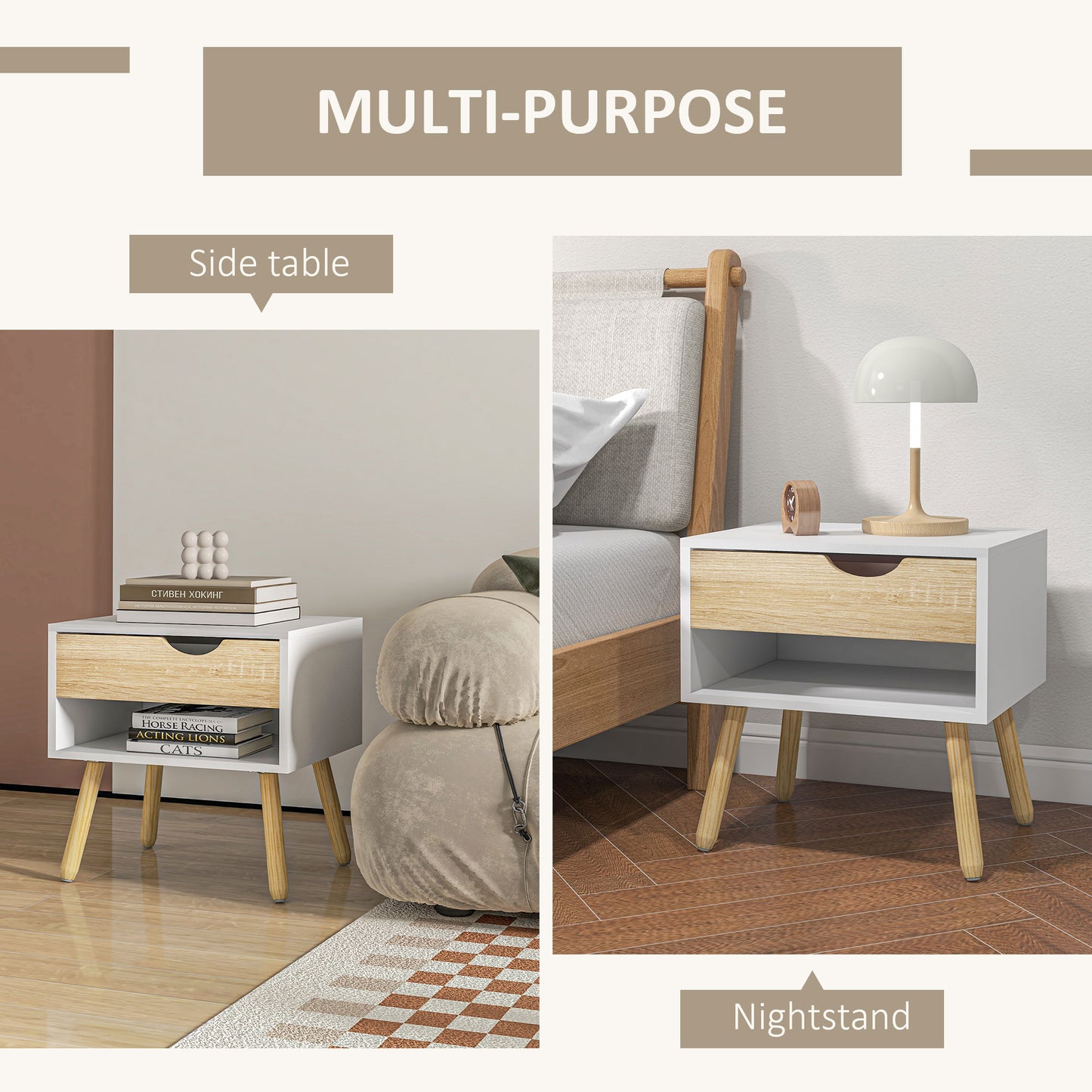 Bedside Table with Drawer and Shelf, Modern Nightstand, End Table for Bedroom, Living Room, Set of 2