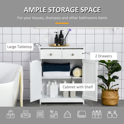 Kleankin Bathroom Storage Cabinet Free-Standing Bathroom Cabinet Unit w/ 2 Drawers Cupboard Adjustable Shelf Handles Traditional Style 75x60cm White