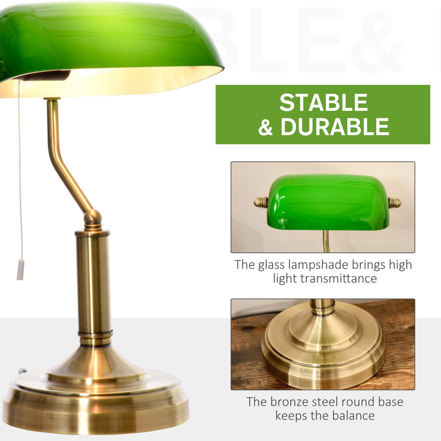 Banker's Table Lamp Desk Lamp with Antique Bronze Base, Green Glass Shade and Pull Rope Switch for Home Office,  Living Room,Dining Room