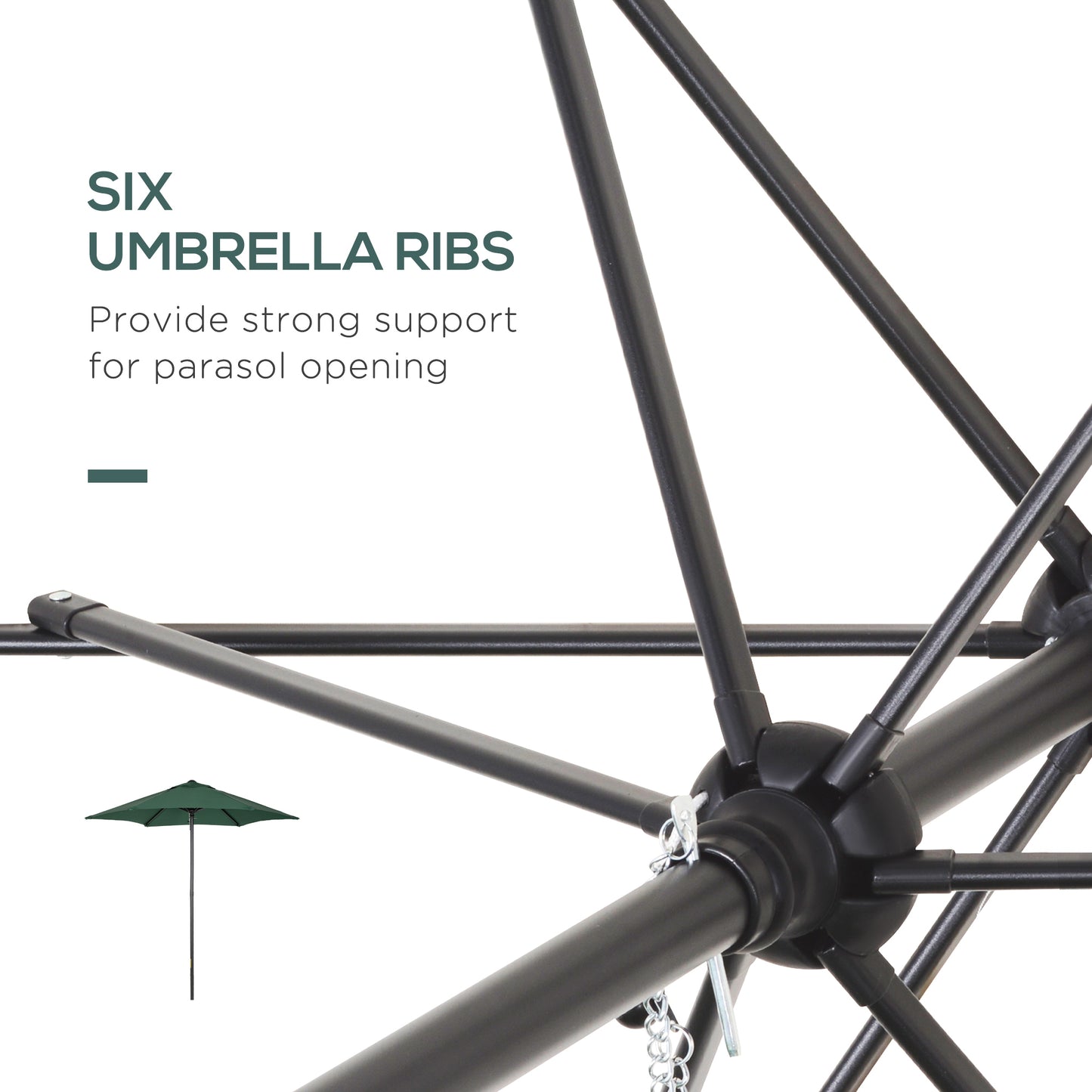 2m Patio Parasol Umbrella, Outdoor Sun Shade with 6 Sturdy Ribs for Balcony, Bench, Garden, Green