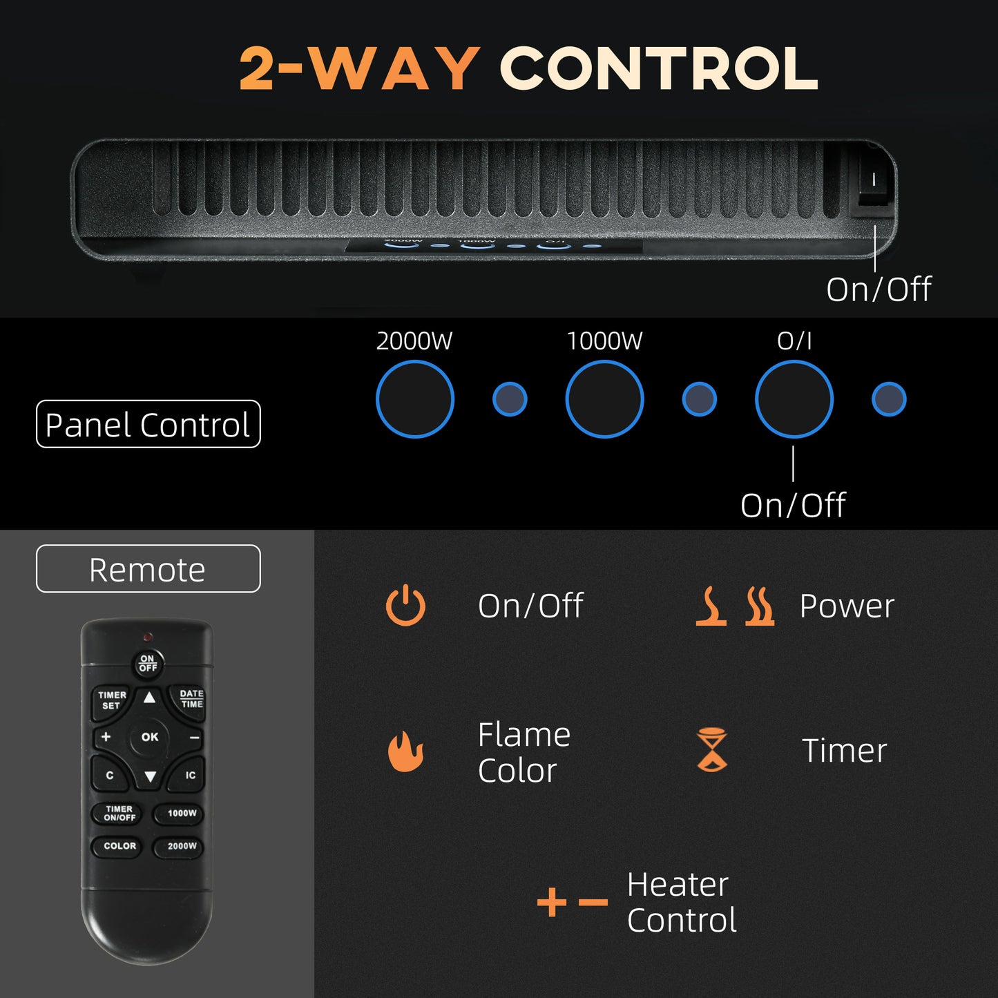 Electric Fireplace, 102CM 2000W Recessed and Wall Mounted Electric Fire with Remote Control, 9 Flame Colour and Crystal, Black