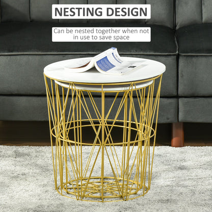 Set of 2 Nesting Side Tables With Storage, Round End Tables Coffee Tables With Steel Frame and Removable Round Top, White