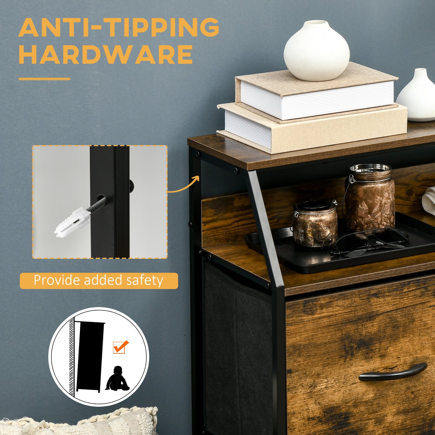 Chest of Drawers For Bedroom Industrial 5 Fabric Drawer Dresser with Open Shelf for Living Room, Rustic Brown