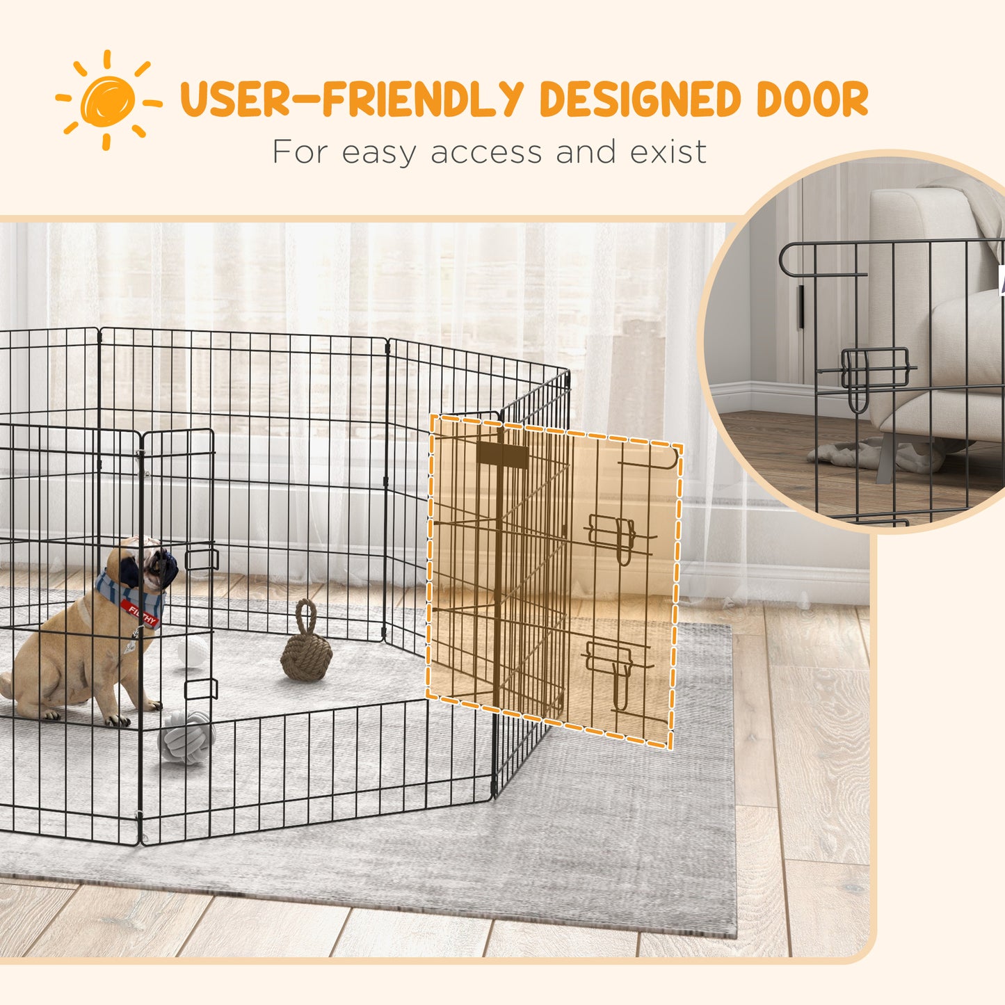 Pet Playpen | 8 Heavy-Duty Steel Panels | Double-Bolt Door | Configurable Shapes | Ground Pegs Included | Indoor & Outdoor | Small Dogs, Rabbits & Small Pets | 61 x 61cm Panels | Black