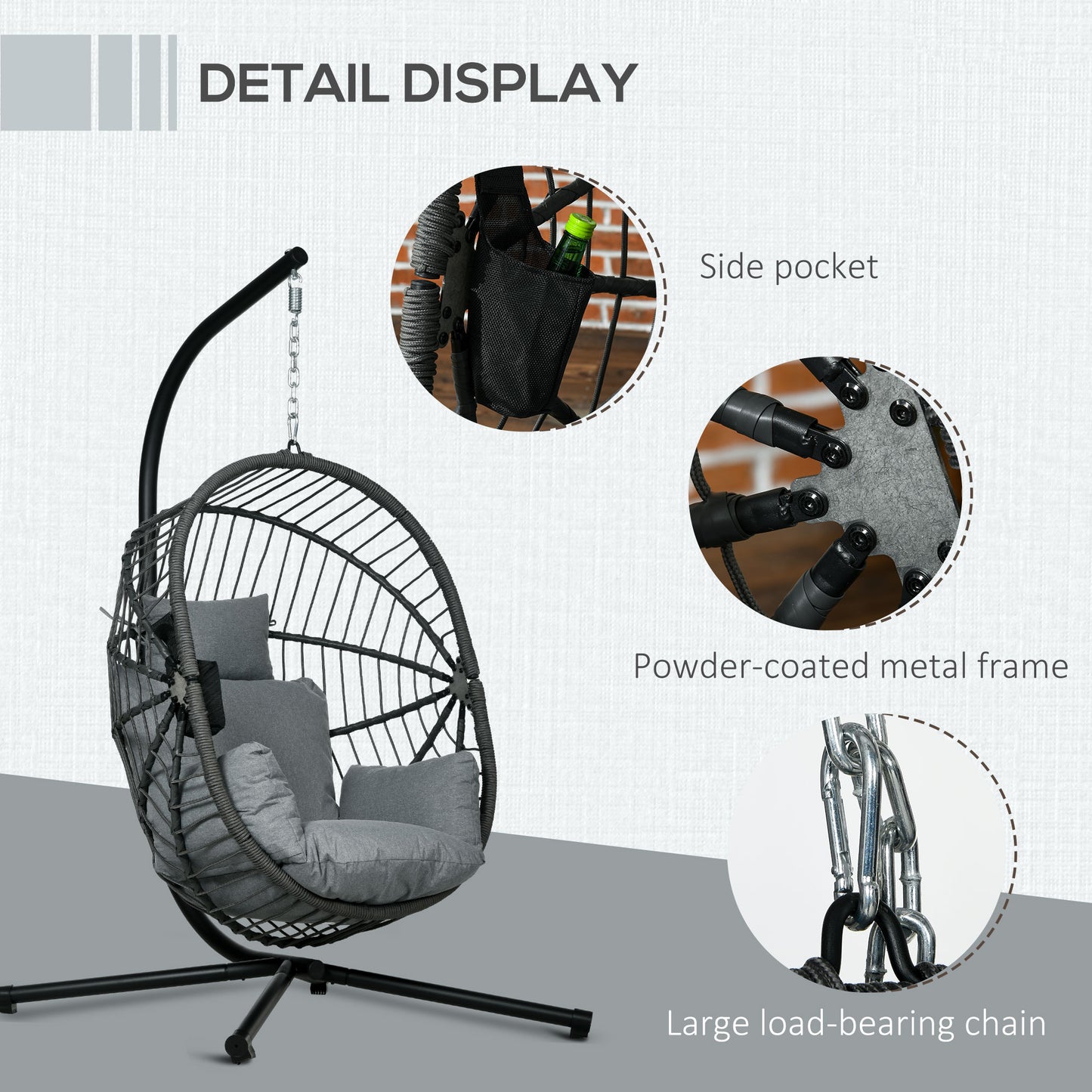 Outsunny Outdoor Patio Hanging Swing Chair, Thick Padded Cushion With Metal Stand, Foldable Basket For Indoor And Outdoor - Grey