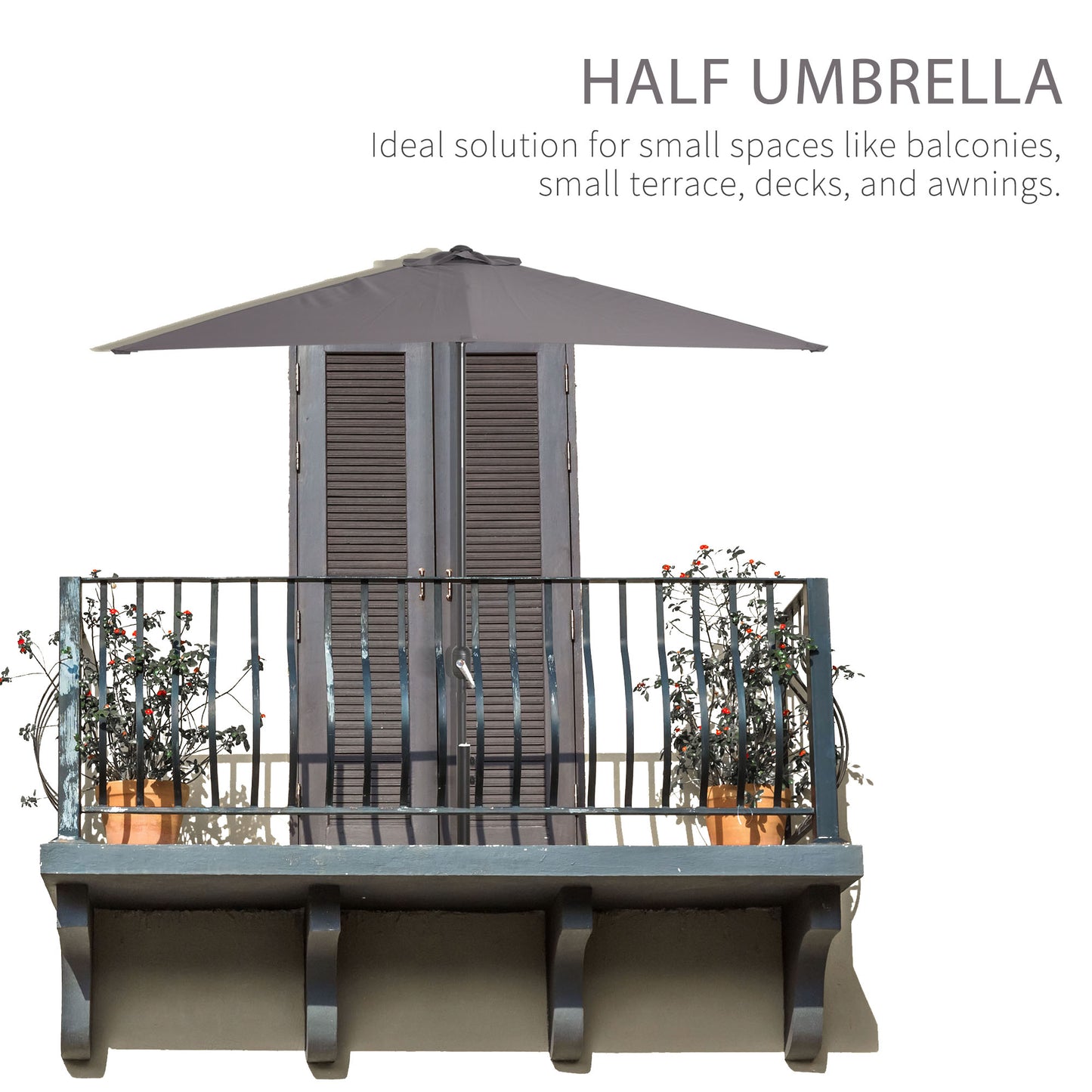 Outsunny Balcony Half Parasol Semi Round Umbrella Patio Crank Handle (2.3m, Grey)- NO BASE INCLUDED
