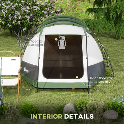 Outsunny 3-4 Man Camping Tent, Family Tunnel Tent, 2000mm Waterproof, Portable with Bag, Green