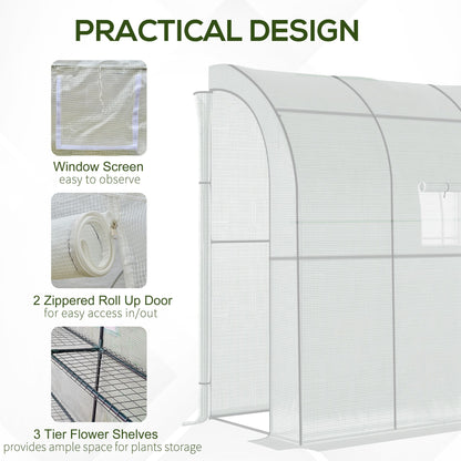 Outsunny Walk-In Lean to Polytunnel Greenhouse with Windows and Doors 2 Tiers 4 Wired Shelves 200L x 100W x 215Hcm White
