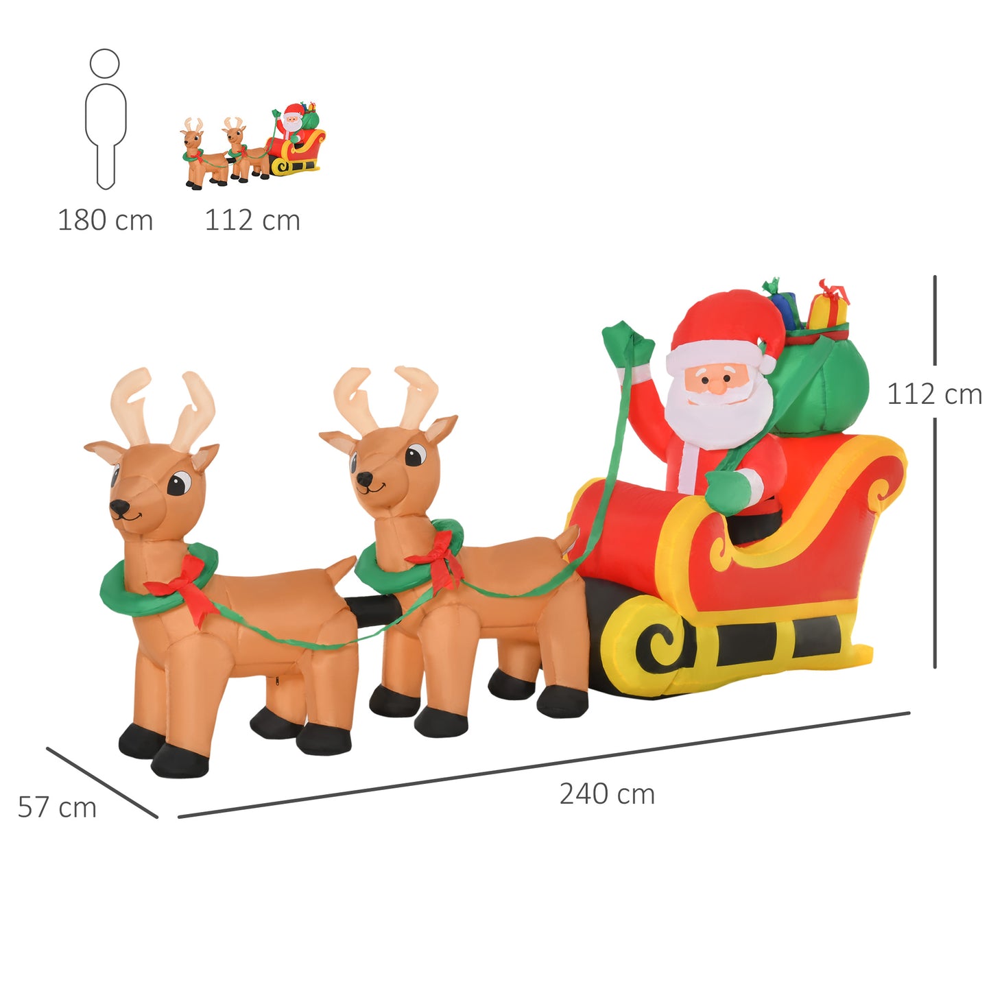 1.1m Christmas Inflatable Santa Claus on Sleigh, LED Lighted for Home Indoor Outdoor Garden Lawn Decoration Party Prop