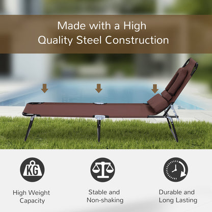 Outsunny Sun Lounger Foldable Reclining Chair with Pillow and Reading Hole Garden Beach Outdoor Recliner Adjustable Brown