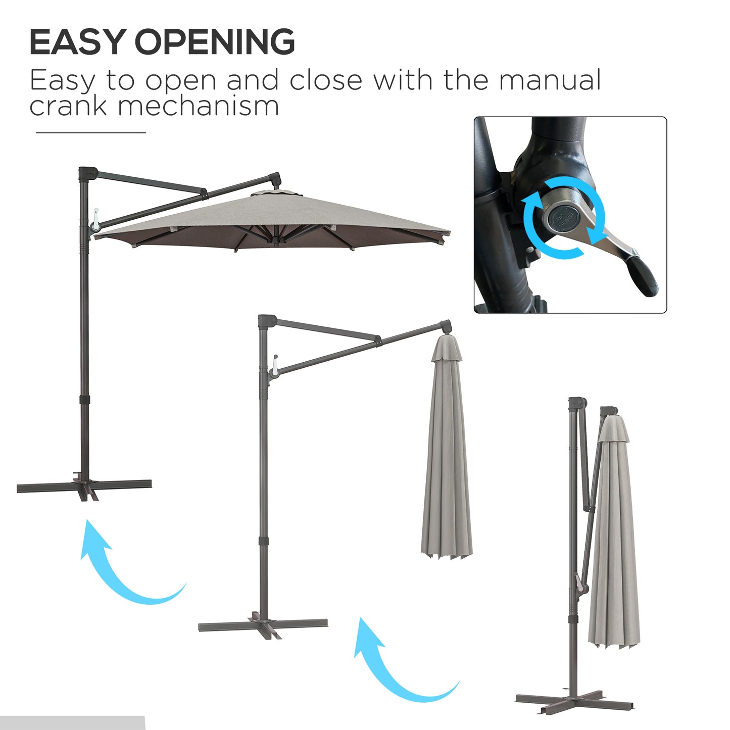 Outsunny 3 m Cantilever Banana Parasol with Cross Base, 360° Rotation Patio Umbrella with Crank Handle, Tilt, Light Grey