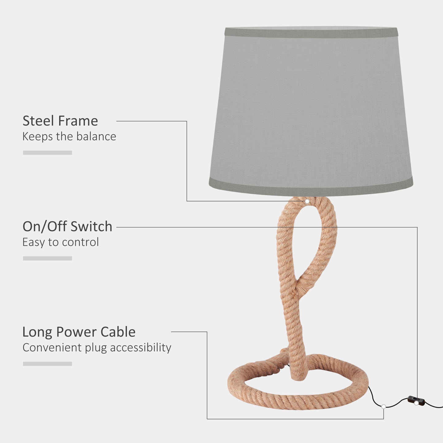 Farmhouse Table Lamp with Rope Base for E27 LED Halogen Bulb, Desk Fabric Light, Bedroom, Living room, Study
