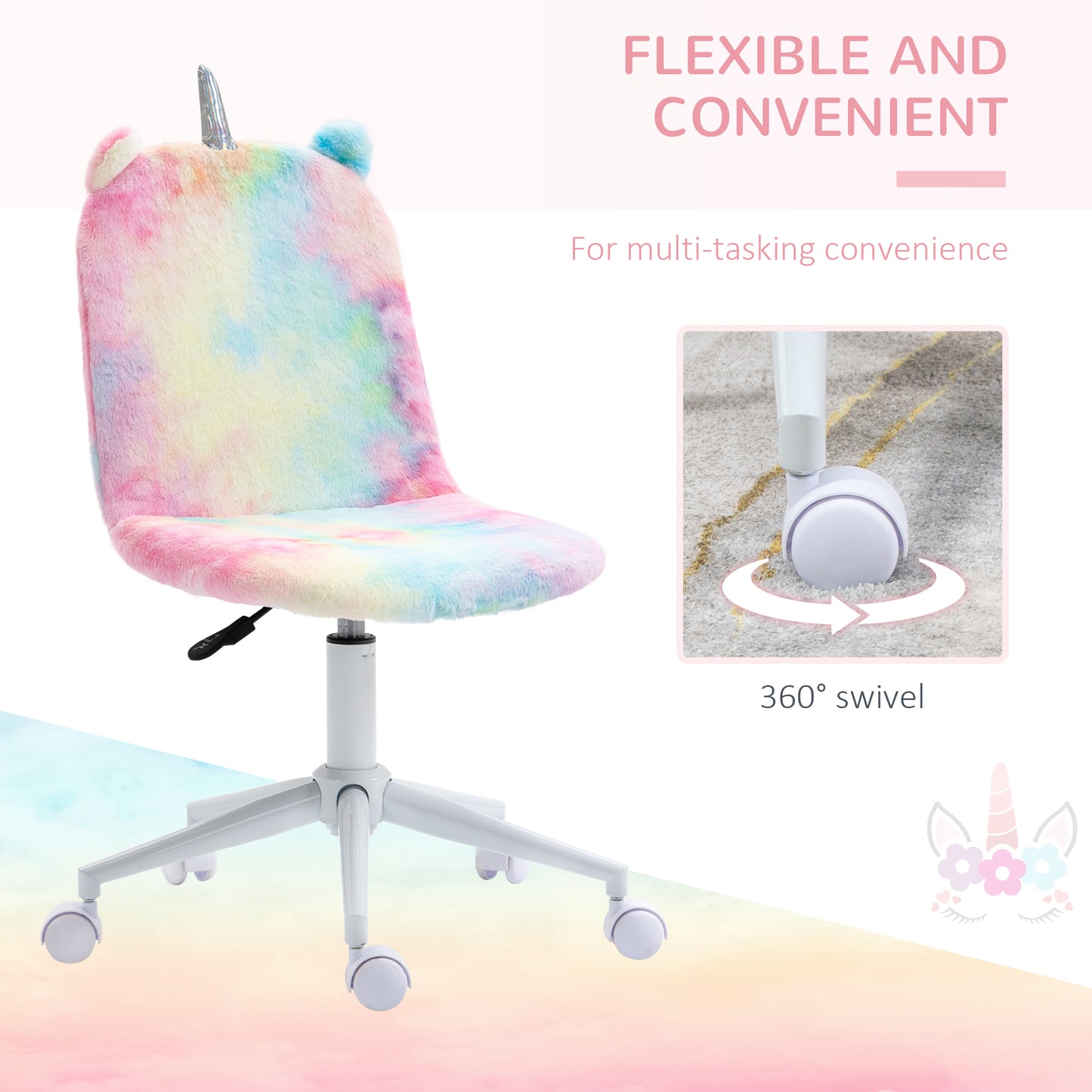Fluffy Unicorn Office Chair | Armless Mid Back | Swivel | Sponge Padded Velvet | Adjustable Height 88-98cm | 5 Wheels | 120kg | Rainbow Multi-Colour