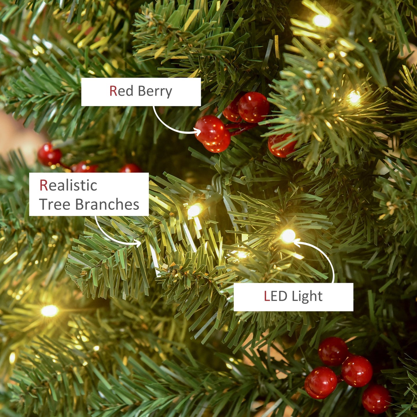 7FT Prelit Artificial Pencil Christmas Tree with Warm White LED Light, Red Berry, Holiday Home Xmas Decoration, Green