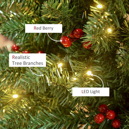 7FT Prelit Artificial Pencil Christmas Tree with Warm White LED Light, Red Berry, Holiday Home Xmas Decoration, Green