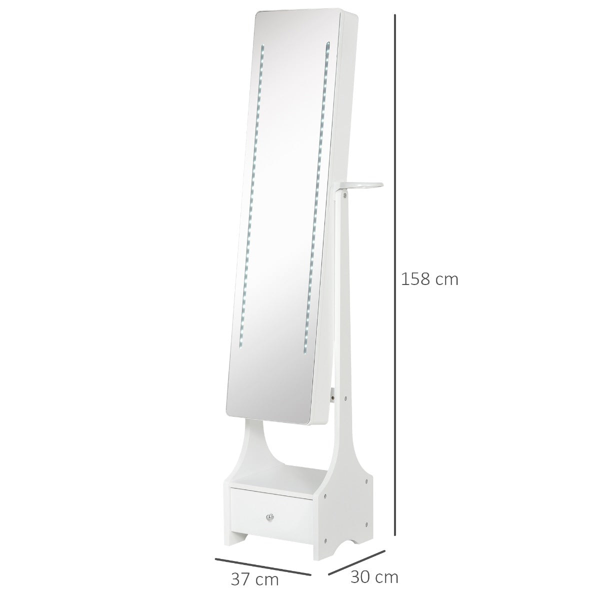 Freestanding Jewellery Cabinet Storage Mirror Armoire w/ LED Lights Hooks Drawer Hairdryer Holder Vanity Adjustable Bedroom Furnishing White