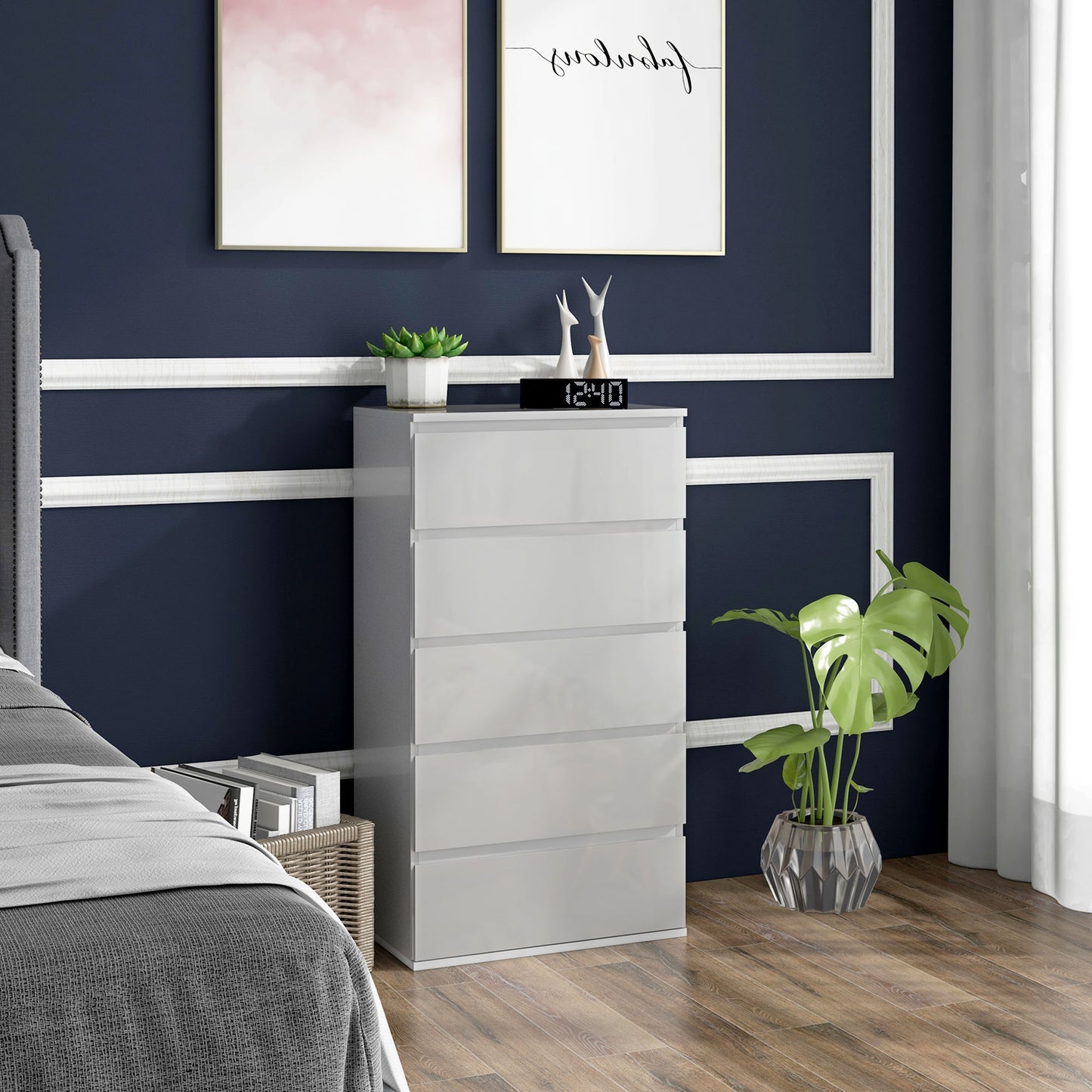 High Gloss Chest of Drawers, 5-Drawer Storage Cabinets, Modern Dresser, Storage Drawer Unit for Bedroom