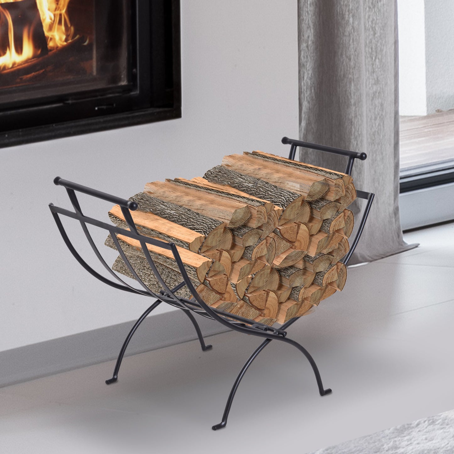 Outsunny Folding Wood Log Holder Fireplace Storage Rack Matte Metal Elevated Indoor Outdoor 45x35cm Black
