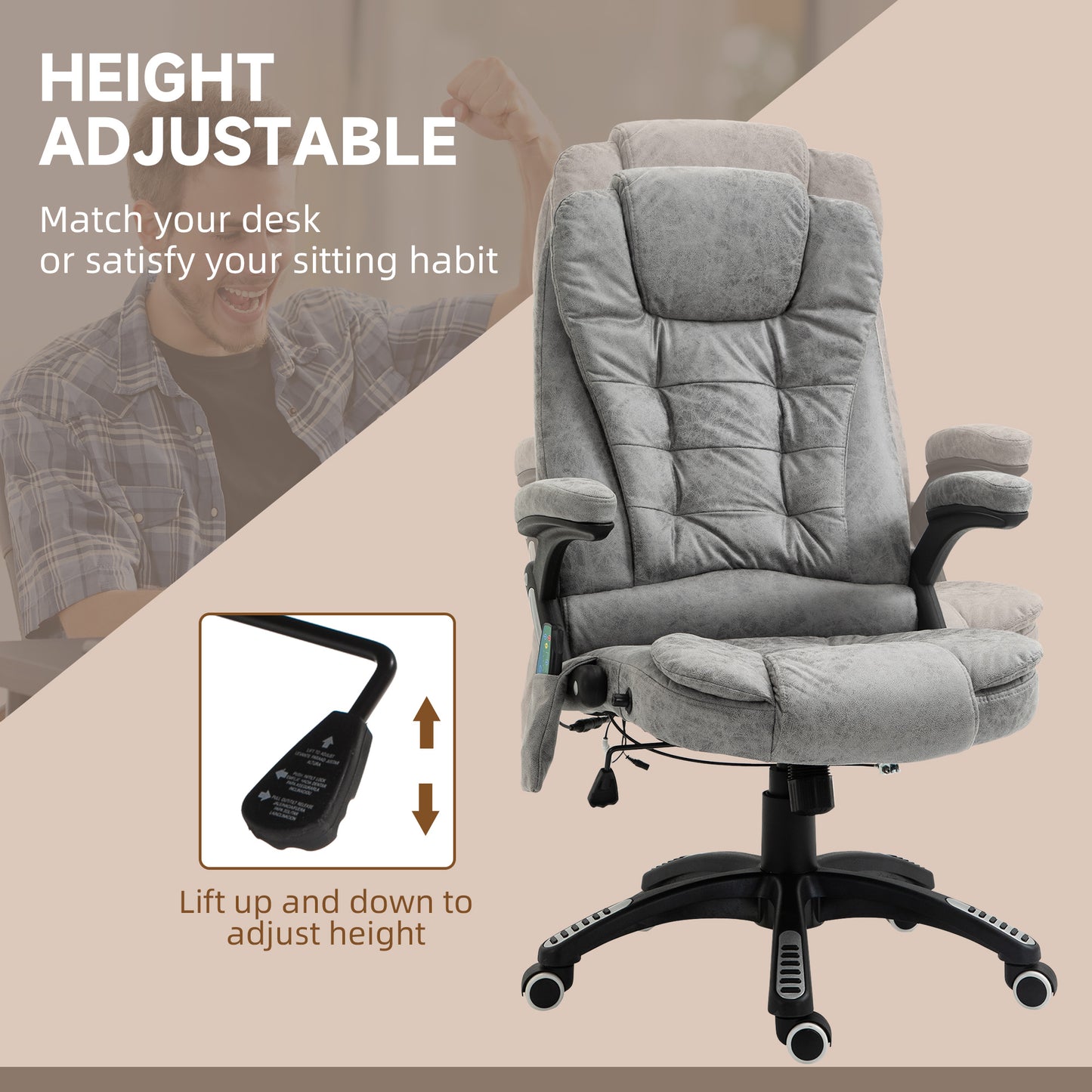 Heated Massage Recliner Office Chair | 6 Point Massage | Microfiber Cloth | High Back | Armrests | 130° Recline | 360° Swivel | Height Adjustable 107-116cm | 120kg | Grey