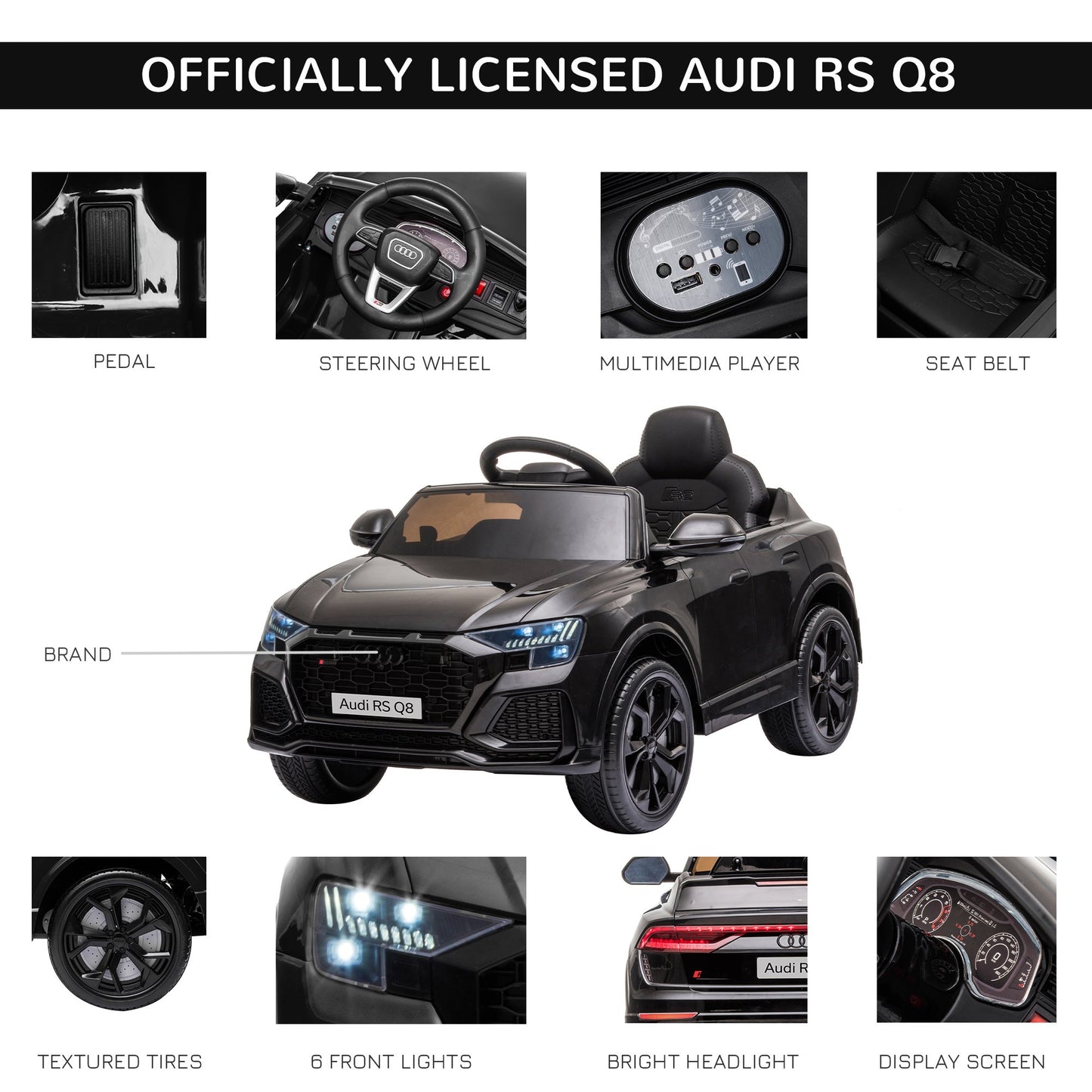 Compatible 6V Battery-powered Kids Electric Ride On Car Audi RS Q8 Toy with Parental Remote Control Music Lights USB MP3 Bluetooth Black