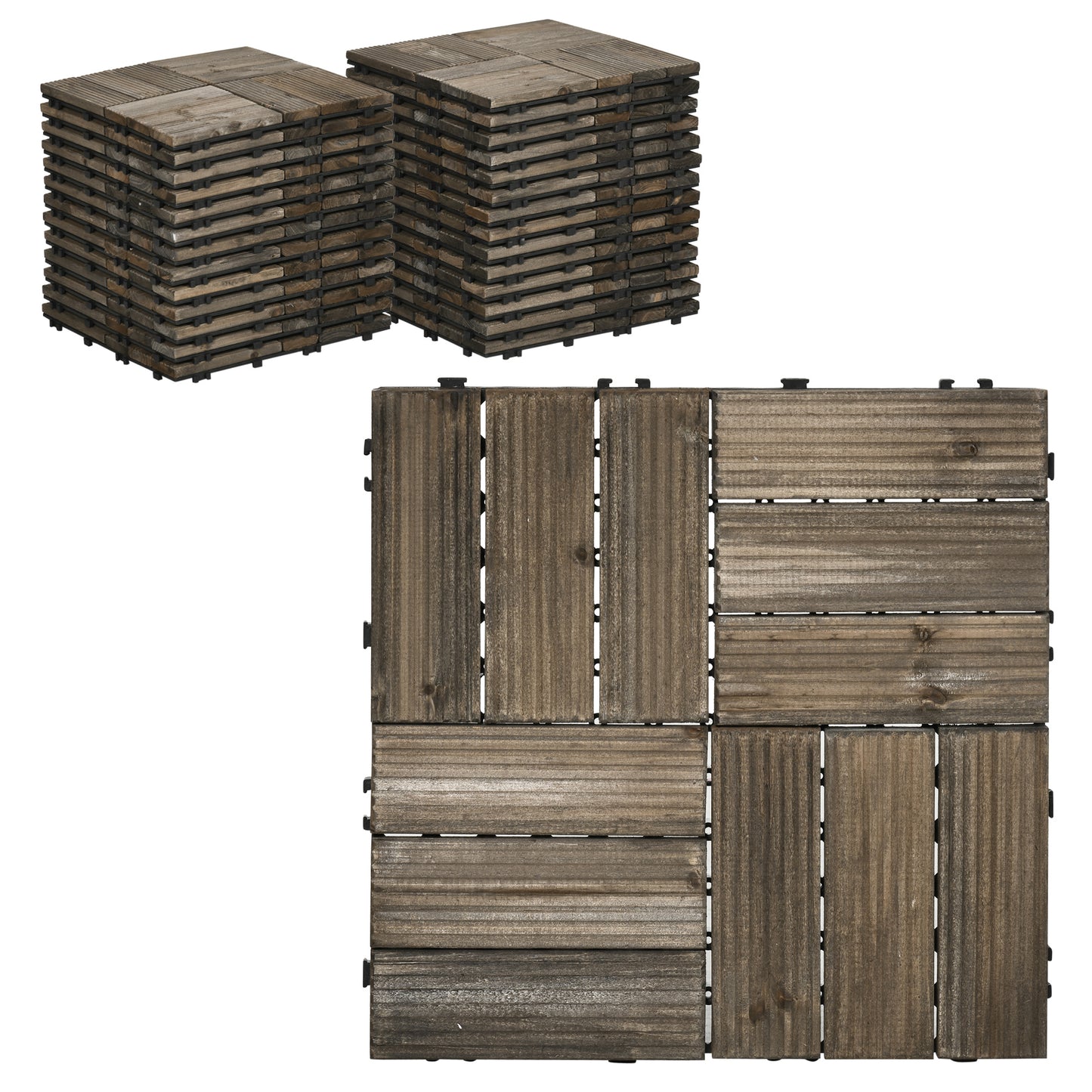 Outsunny 27 Pieces Wooden Interlocking Decking Tiles, Outdoor Flooring Tiles for Patio, Balcony, Terrace, Hot Tub, 30 x 30 cm per Piece, Charcoal Grey