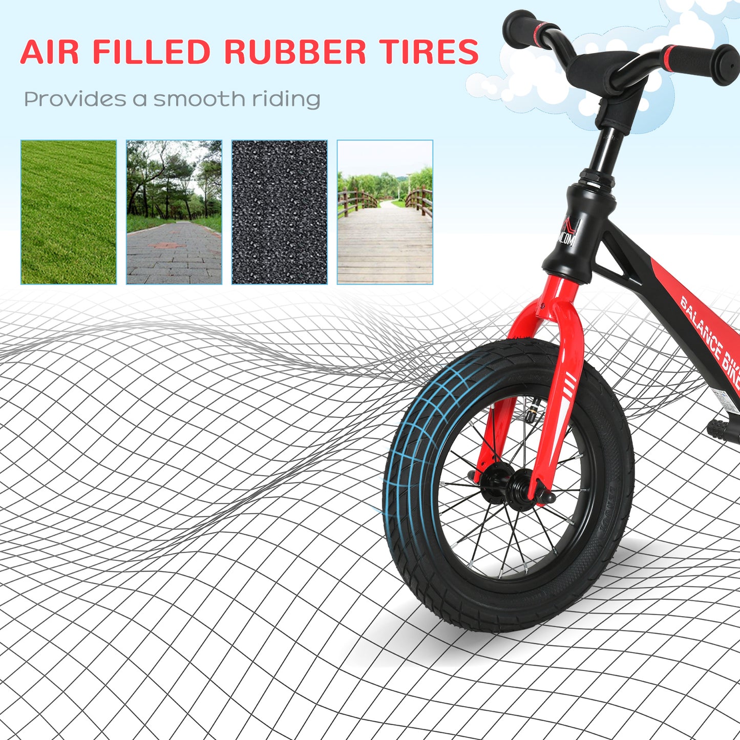 30cm Kids Balance Bike, No Pedal Training Bicycle, w/ Air Filled Tires, Adjustable Handlebar, Padded Seat, for Children Aged 3-6