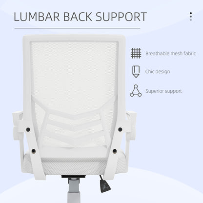 Mesh Office Chair | Flip-Up Armrests | Lumbar Support | Curved Back | Sponge Seat | Rocking Motion | 360° Swivel | 5 Wheels | Height Adjustable 45-55cm | 120kg | White