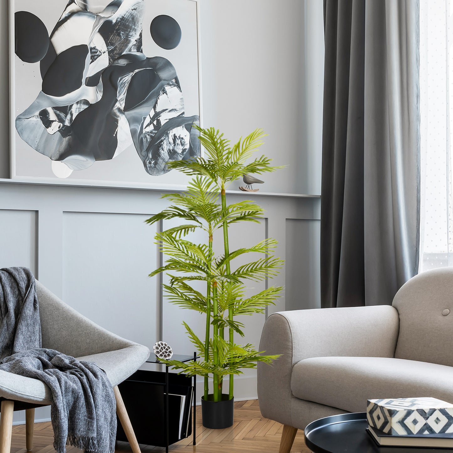 Artificial Plant Tropical Palm in Pot, Fake Plants for Home Indoor Outdoor Decor, 15x15x140cm