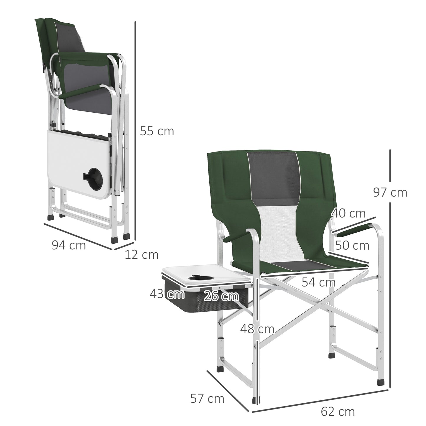Outsunny Aluminium Directors Chair, Folding Camping Chair for Adults with Side Table, Cup Holder, Cooler Bag and Pocket, Green