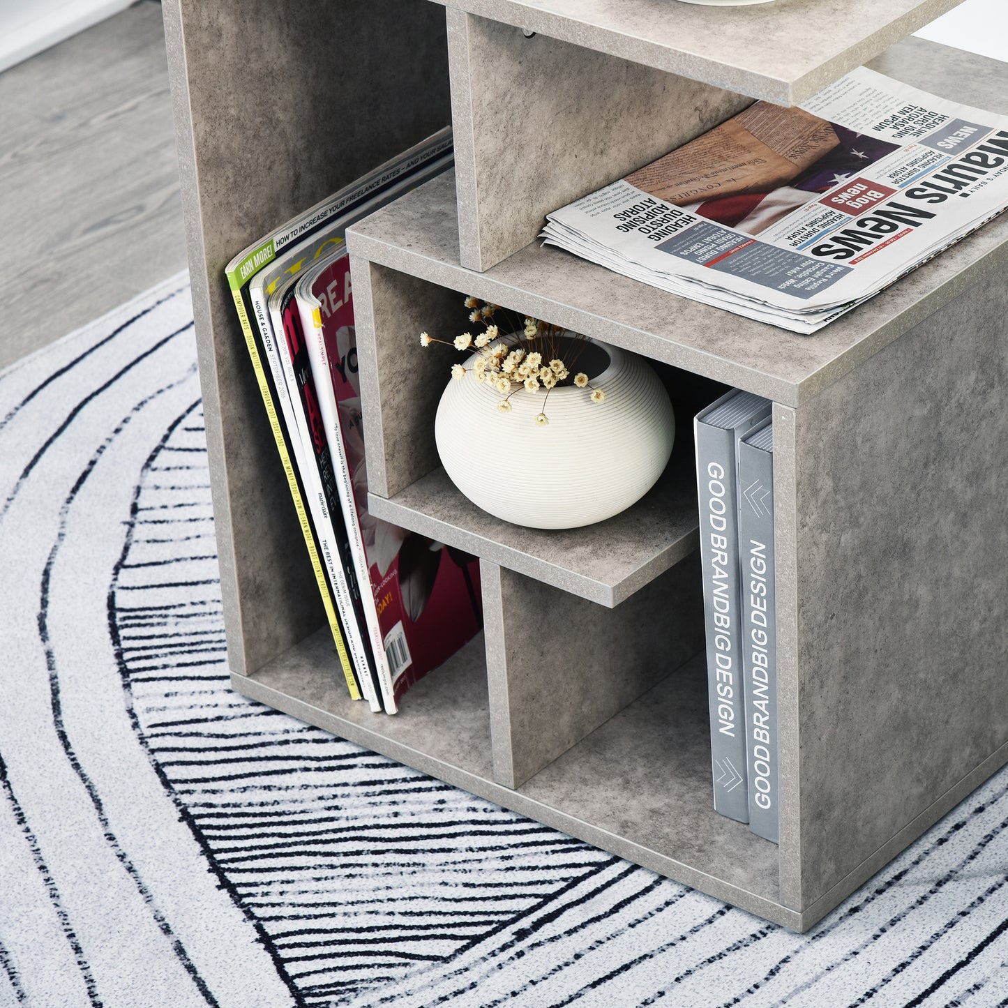 Side Table, 3 Tier End Table with Open Storage Shelves, Living Room Coffee Table Organiser Unit, Set of 2, Cement Colour