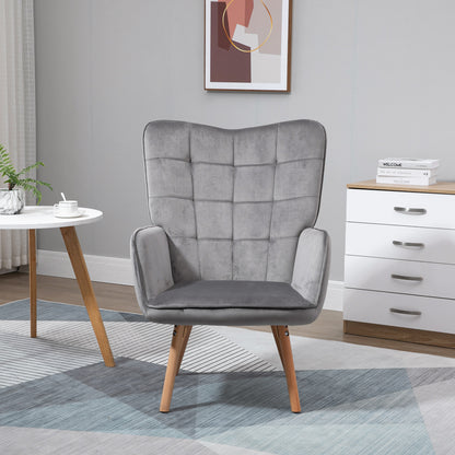 Modern Accent Chair Velvet-Touch Tufted Wingback Armchair Upholstered Leisure Lounge Sofa Club Chair with Wood Legs, Grey