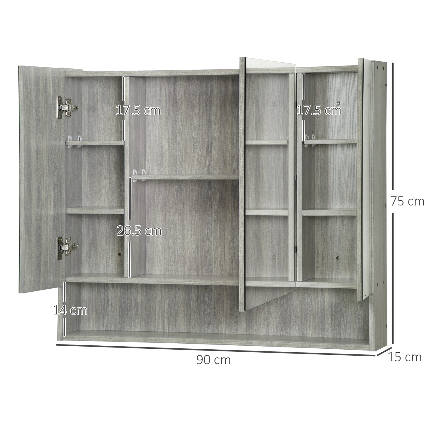 Kleankin Bathroom Mirror Cabinet, Wall Mounted Storage Cabinet with Adjustable Shelves, 3 Doors and Cupboards, Grey