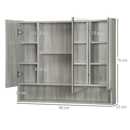Kleankin Bathroom Mirror Cabinet, Wall Mounted Storage Cabinet with Adjustable Shelves, 3 Doors and Cupboards, Grey