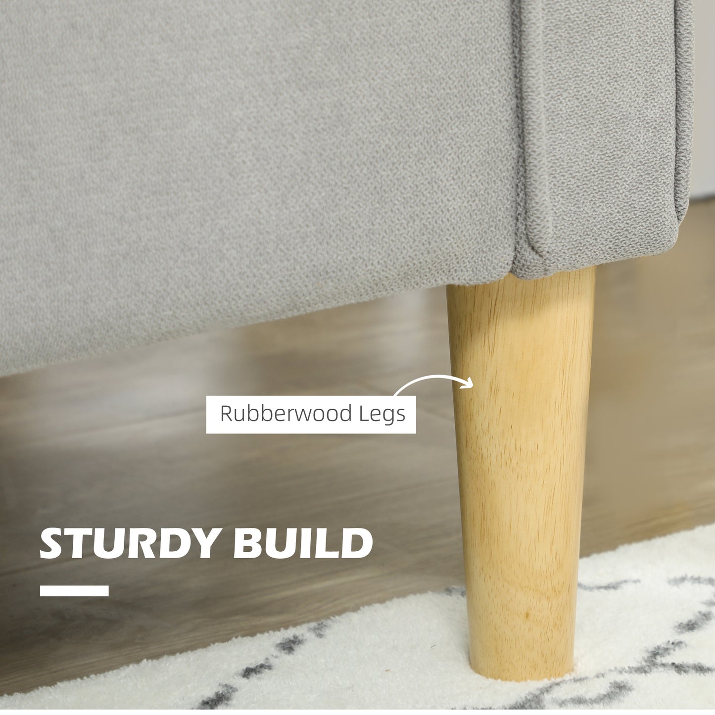 Modern 2 Seater Sofa with Hidden Storage, 117cm Tufted Cotton Couch, Compact Loveseat Sofa with Wood Legs, Light Grey