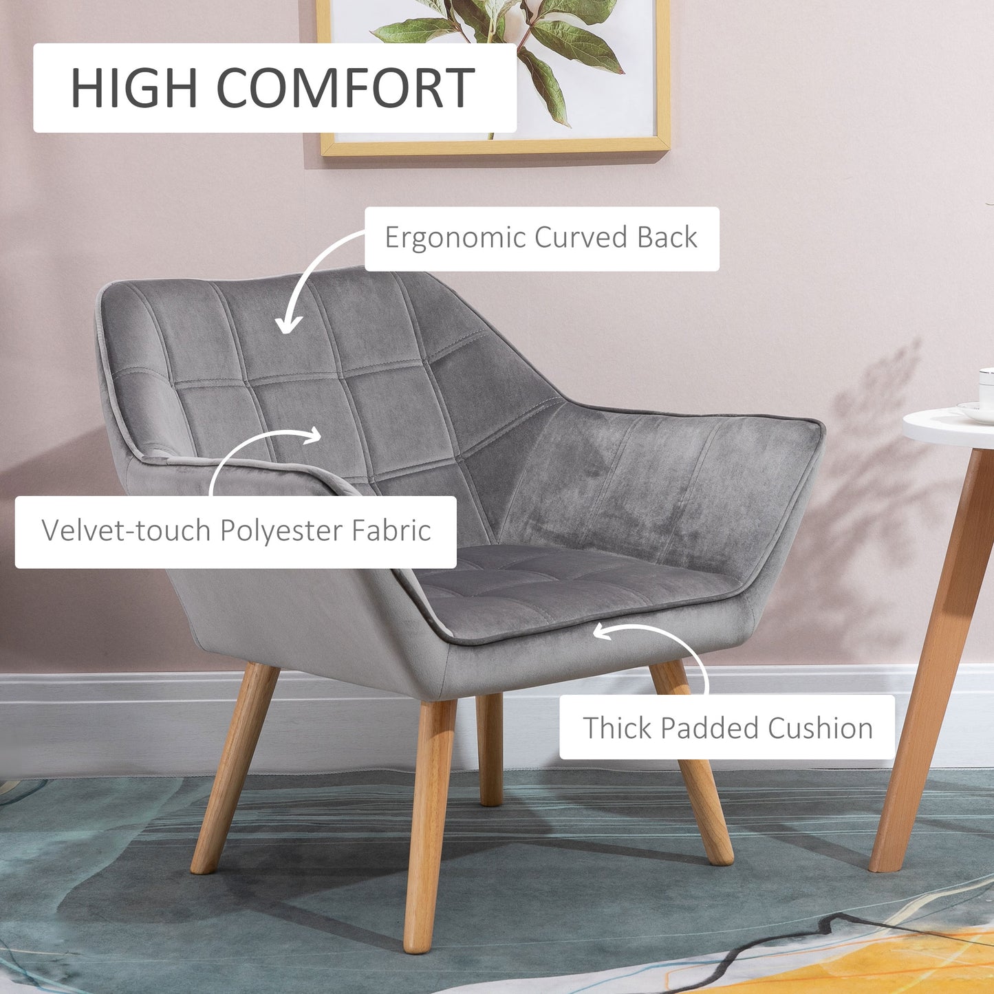 Armchair Accent Chair Wide Arms Slanted Back Padding Iron Frame Wooden Legs Home Bedroom Furniture Seating Grey