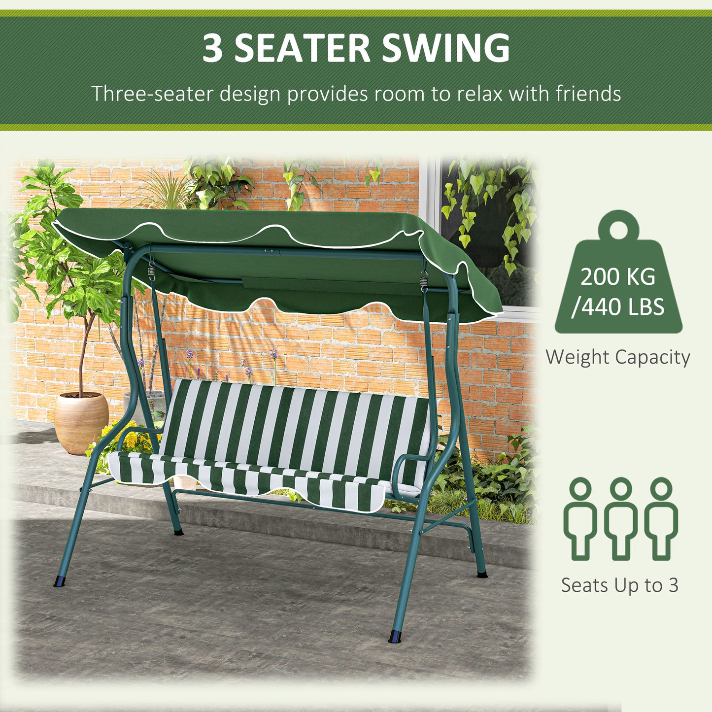 Outsunny 3 Seater Garden Swing Seat Chair Outdoor Bench with Adjustable Canopy and Metal Frame, Green Stripes