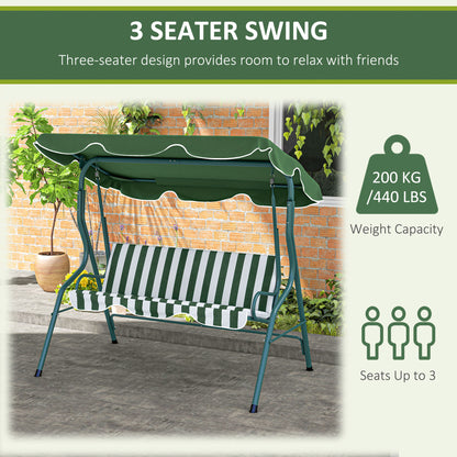 Outsunny 3 Seater Garden Swing Seat Chair Outdoor Bench with Adjustable Canopy and Metal Frame, Green Stripes