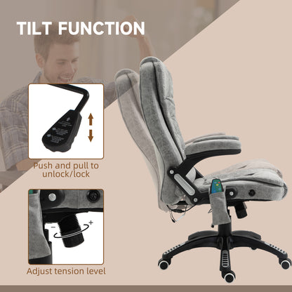 Heated Massage Recliner Office Chair | 6 Point Massage | Microfiber Cloth | High Back | Armrests | 130° Recline | 360° Swivel | Height Adjustable 107-116cm | 120kg | Grey