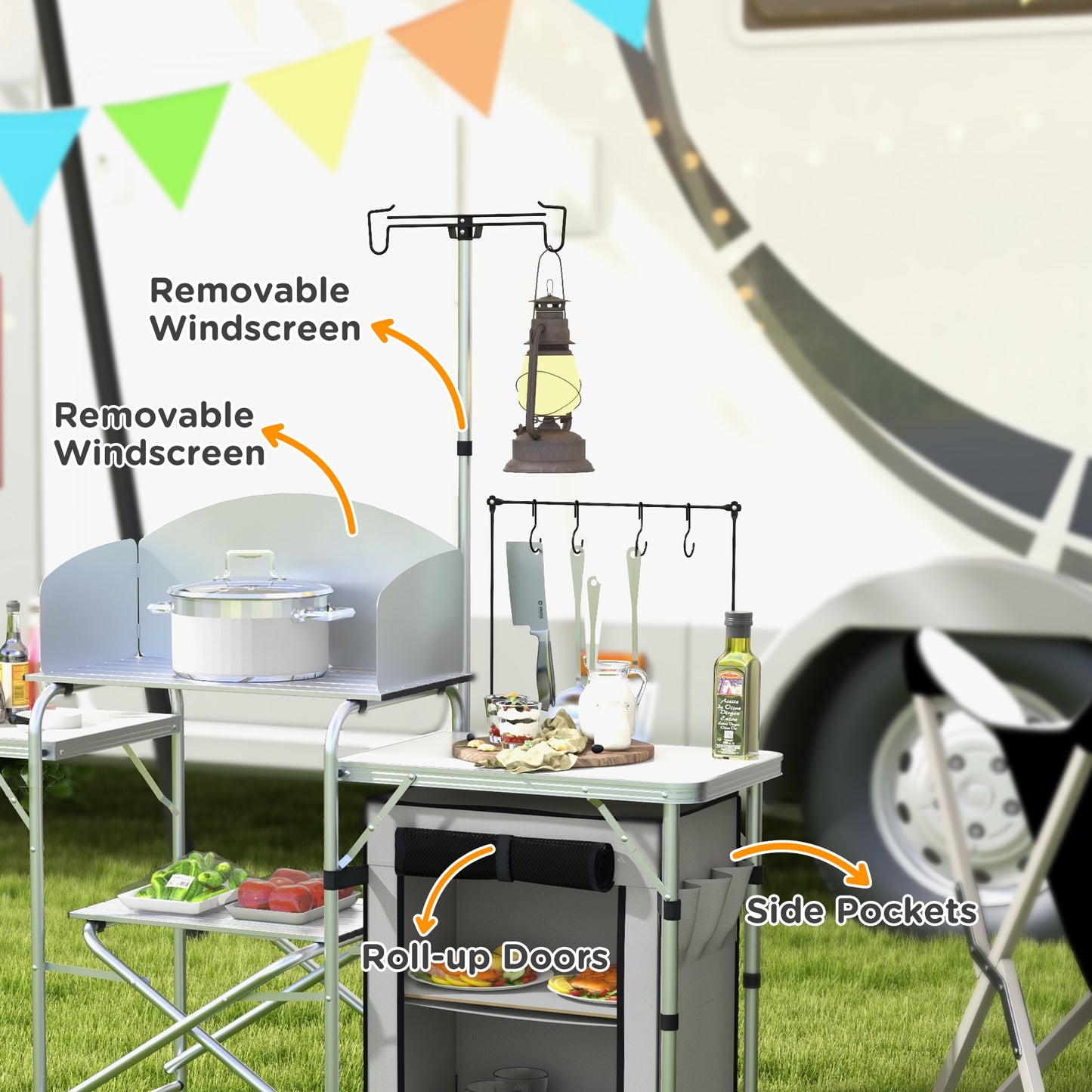 Outsunny Camping Picnic Kitchen With Storage Cupboard, Folding Table, Aluminium Portable With Windshield, Light Stand, Carrying Bag For BBQ - Silver