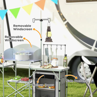 Outsunny Camping Picnic Kitchen With Storage Cupboard, Folding Table, Aluminium Portable With Windshield, Light Stand, Carrying Bag For BBQ - Silver