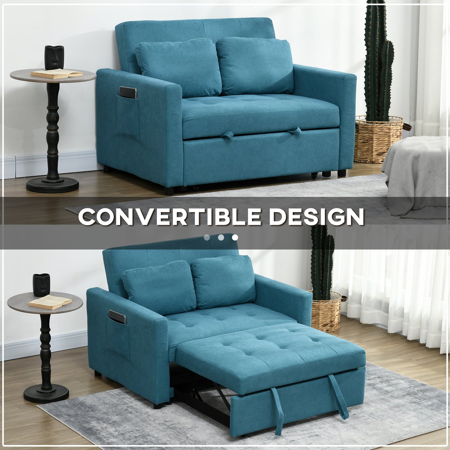 Loveseat Sofa Bed, Convertible Bed Settee with 2 Cushions, Side Pockets for Living Room, Blue