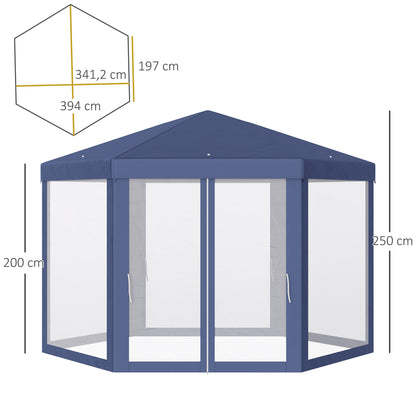 Outsunny 4M Netting Gazebo Hexagon Tent Patio Canopy Outdoor Shelter Party Activities Shade Resistant (Blue)