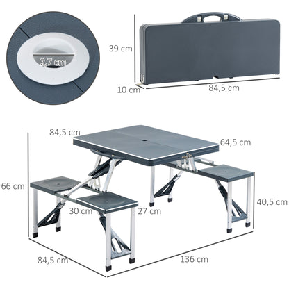 Outsunny Folding Picnic Table and Chair Set Portable Camping Hiking Dining Furniture with Four Chairs, Aluminium Frame and Suitcase for BBQ Party