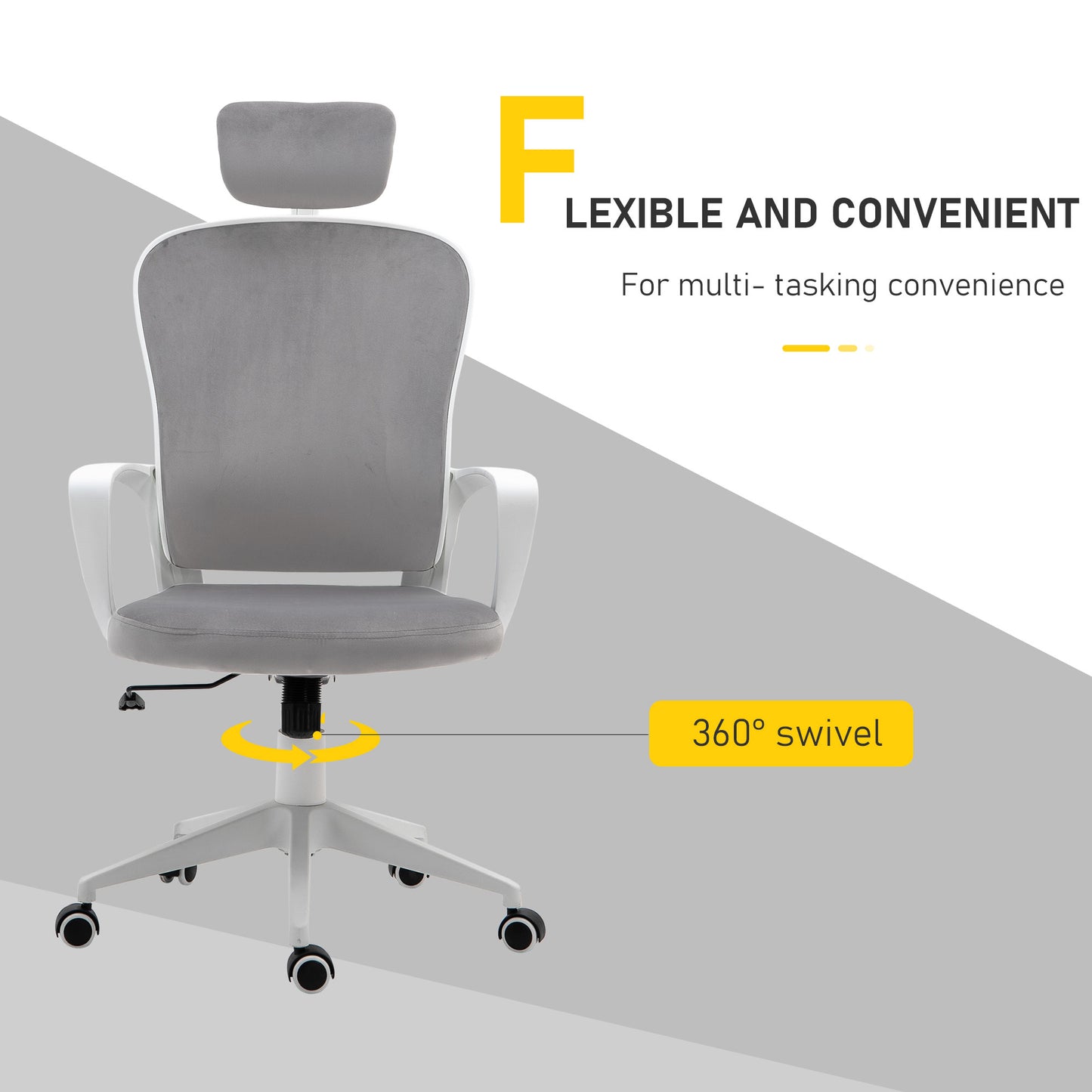 Vinsetto High-Back Swivel Chair Velvet Style Fabric Computer Home Rocking with Wheels, Rotatable Liftable Headrest, Grey