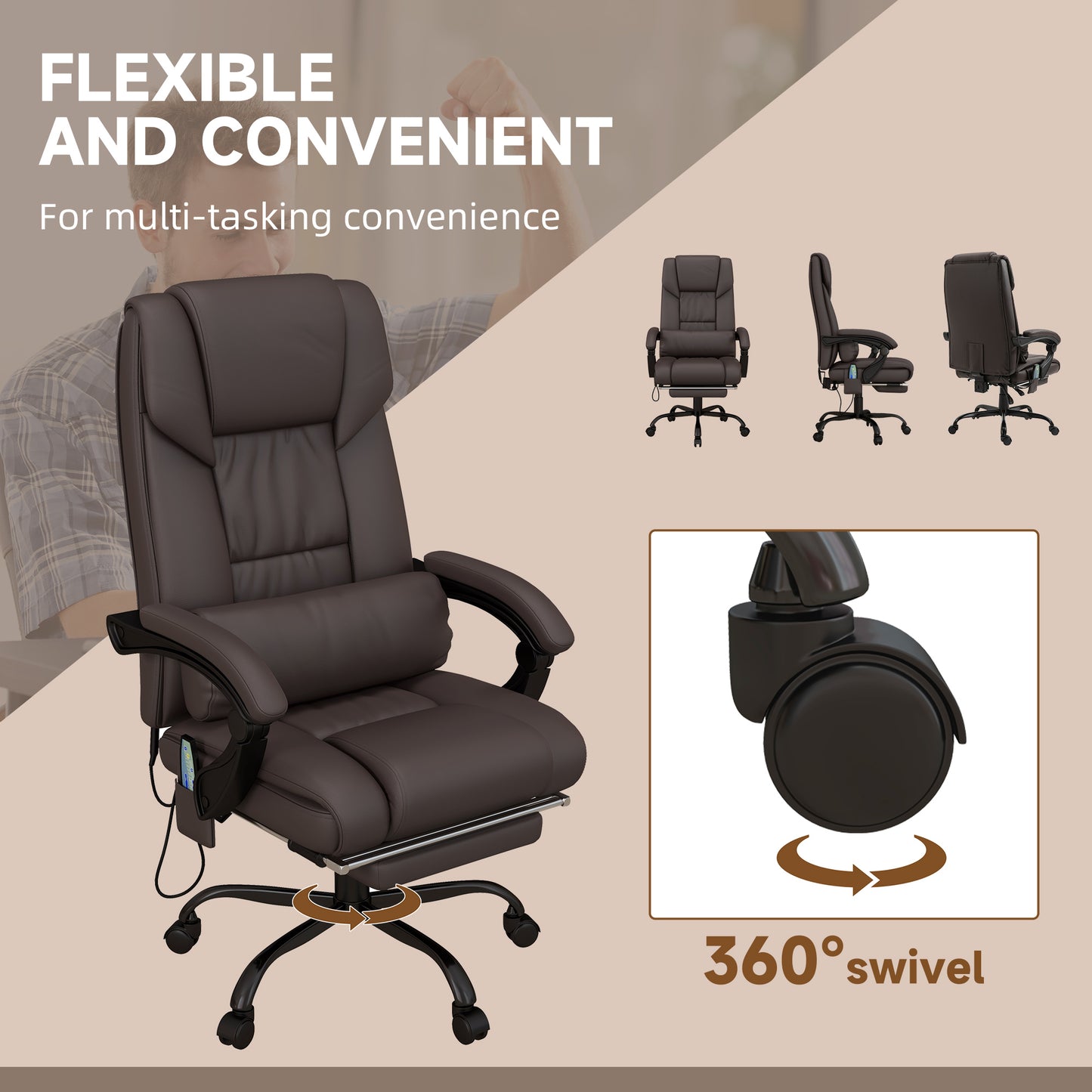 Vinsetto 6-Point PU Leather Massage Office Chair, Reclining Chair Height Adjustable Computer Chair with Footrest, Swivel Wheels, Remote