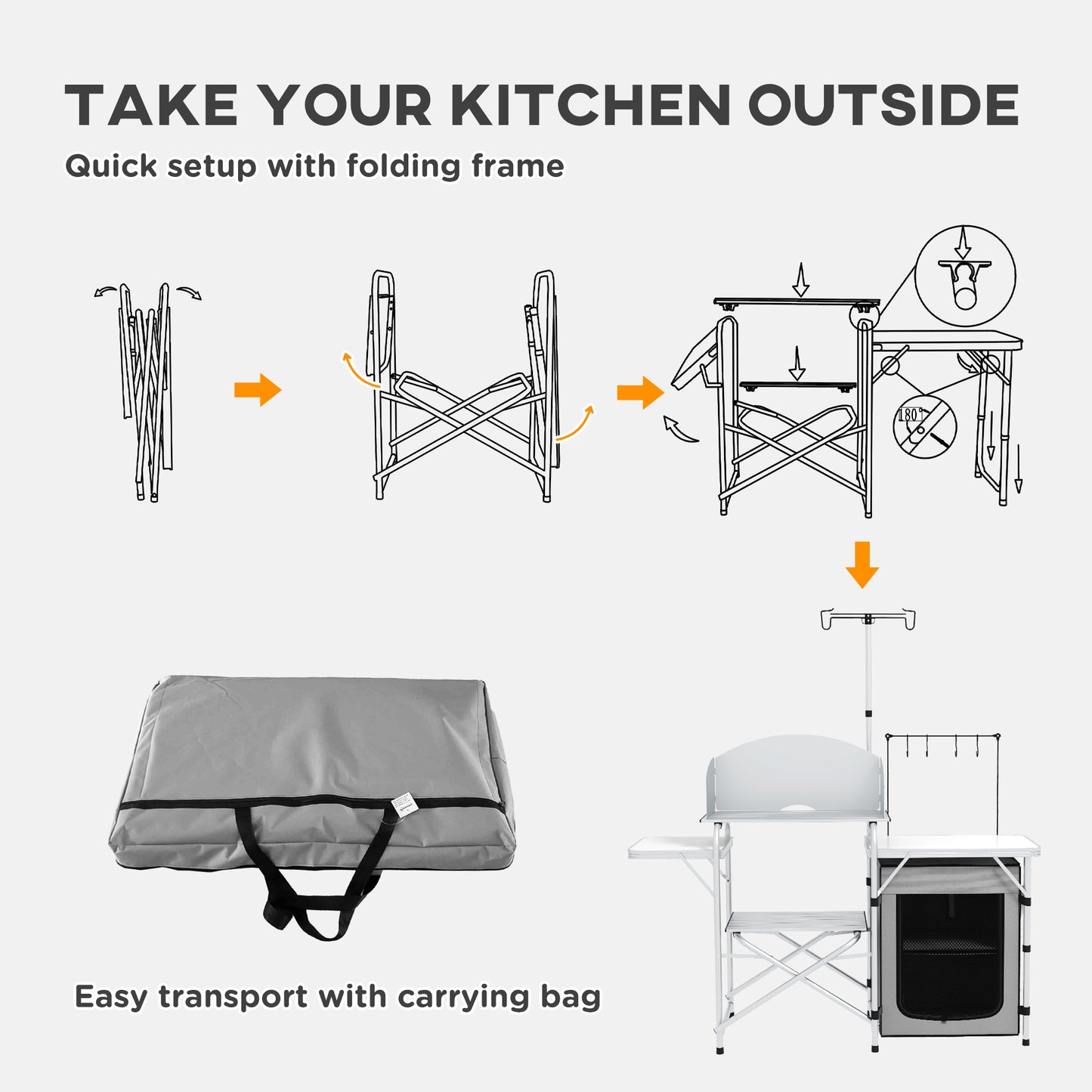 Outsunny Camping Picnic Kitchen With Storage Cupboard, Folding Table, Aluminium Portable With Windshield, Light Stand, Carrying Bag For BBQ - Silver