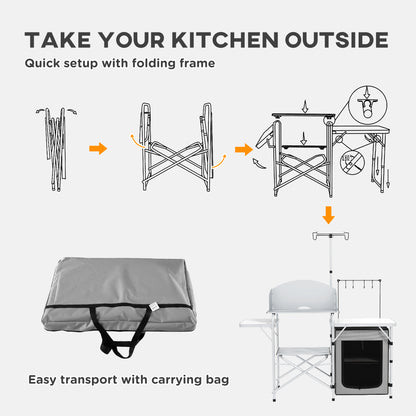 Outsunny Camping Picnic Kitchen With Storage Cupboard, Folding Table, Aluminium Portable With Windshield, Light Stand, Carrying Bag For BBQ - Silver