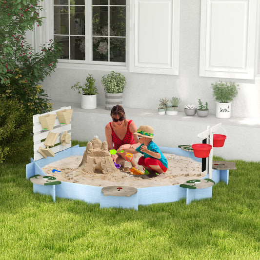 Outsunny Wooden Kids Sandbox with 6 Seats Blue